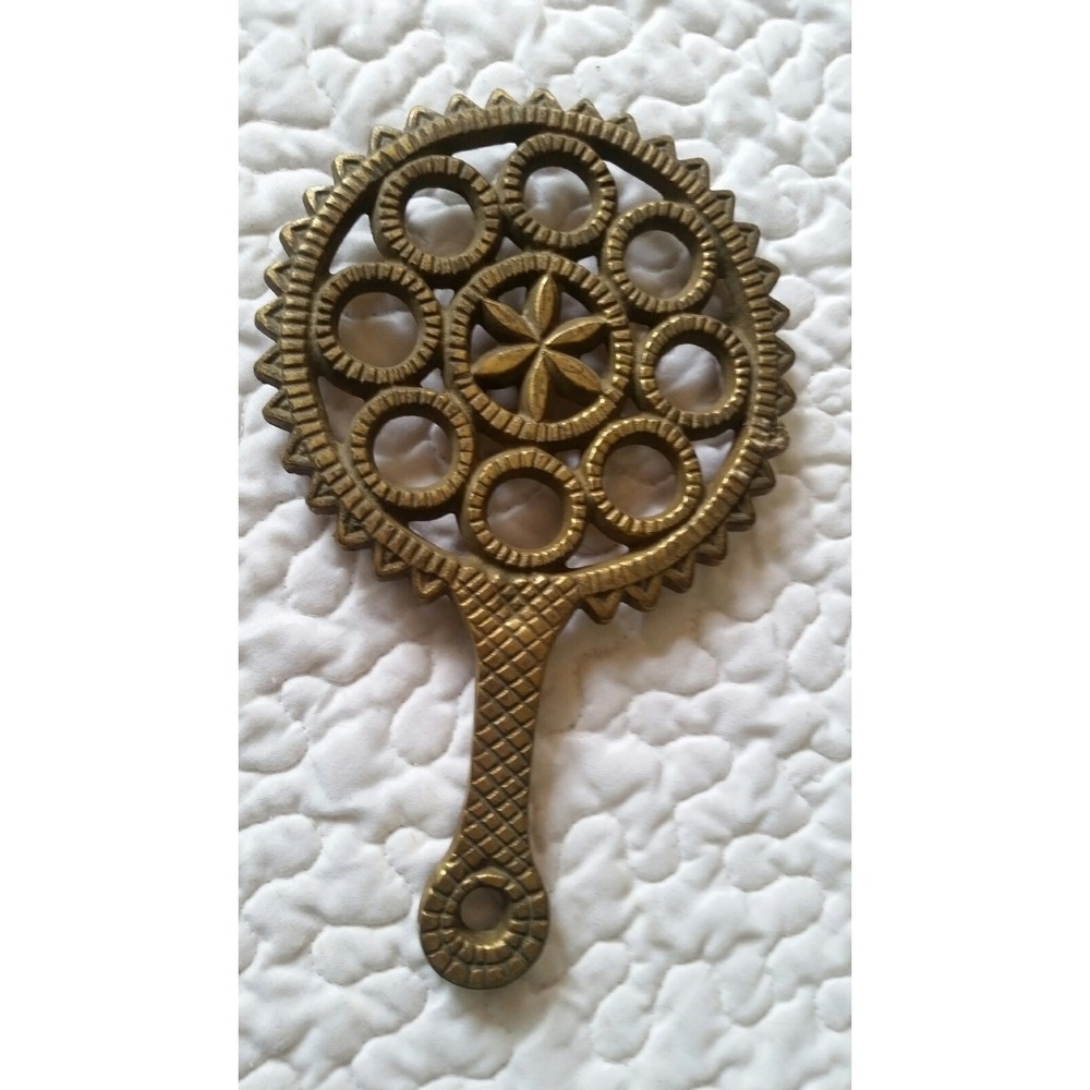 Vintage Solid Brass 9" Long Trivet Stand Handled Star Circle Pattern Kitchen Dec
